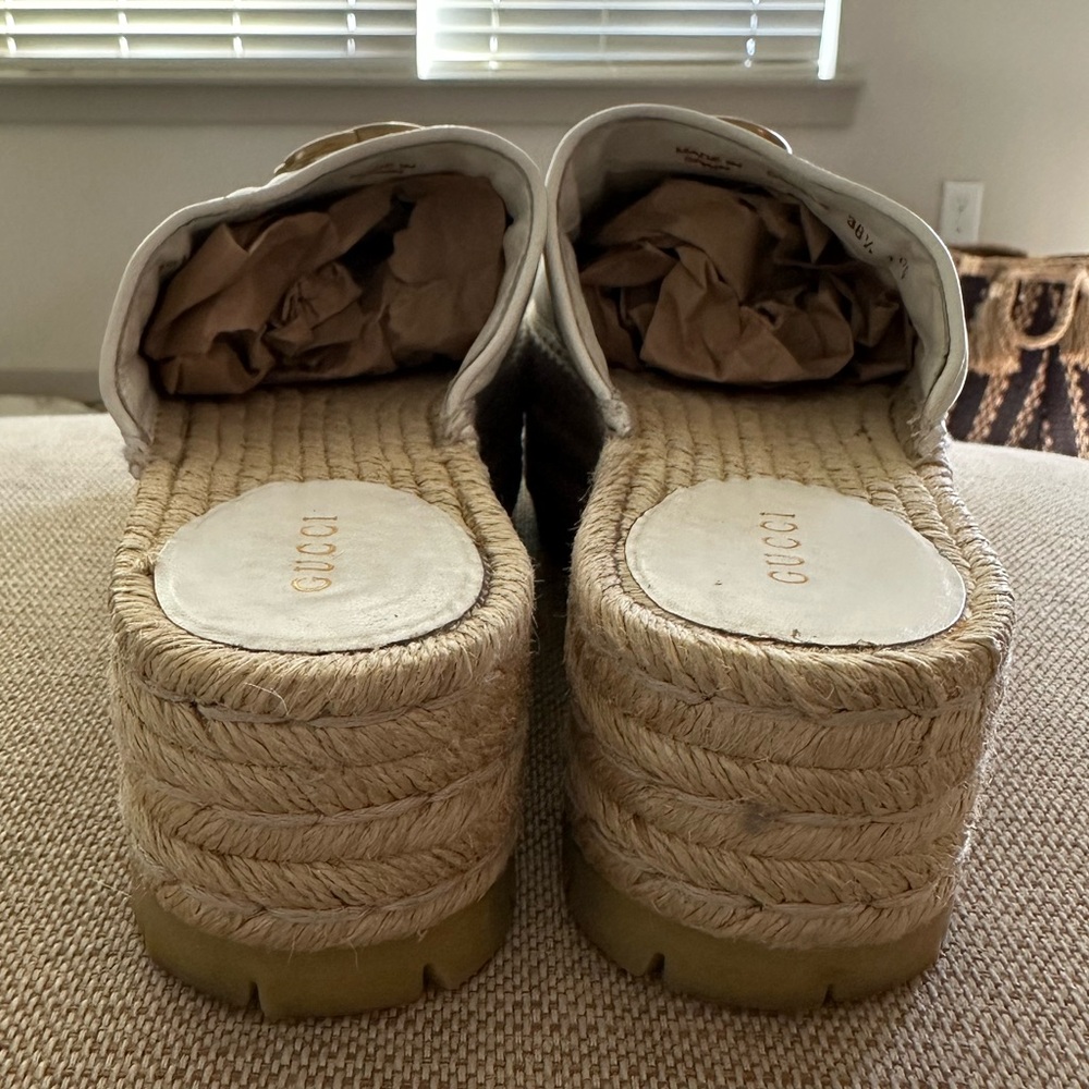 GUCCI platform Charlotte Matelasse gold GG logo espadrille jute mule - Picture 4 of 9